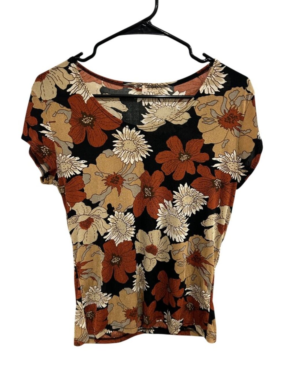 Womens Black Brown Floral Short Sleeve Stretch Top Size M Boho Cottagecore